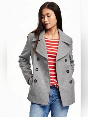Old Navy Grey Double-Breasted Wool Blend Peacoat Sz XS